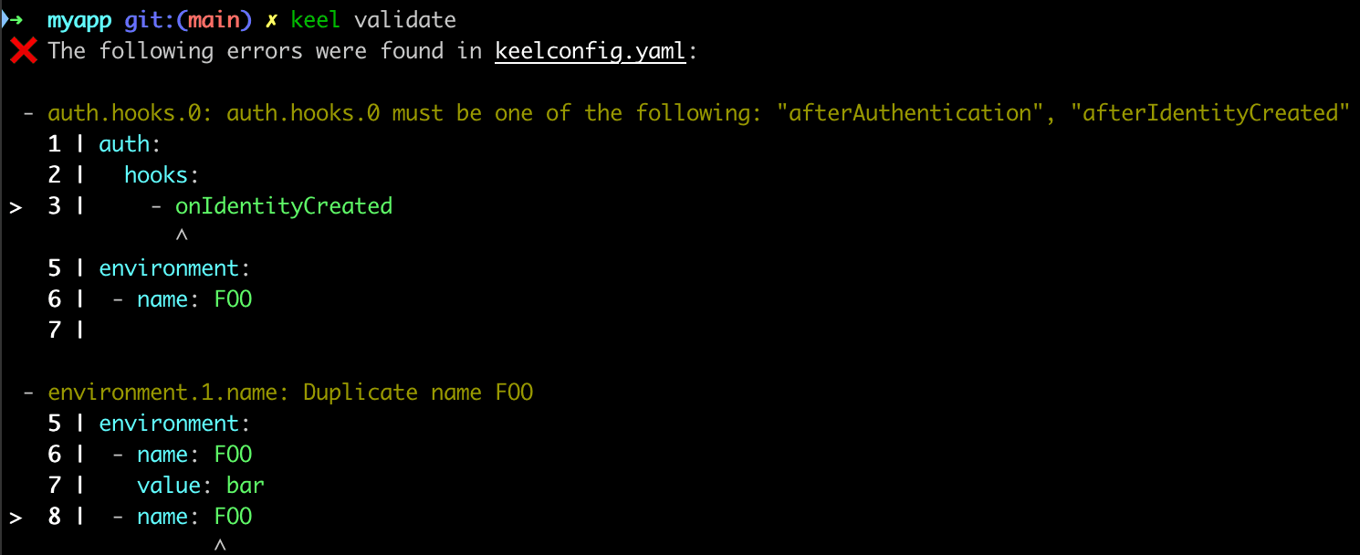 keelconfig.yaml validation errors in the CLI